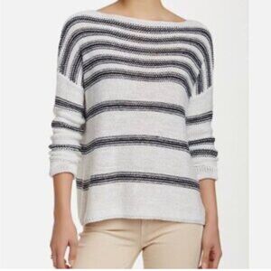 Vince Boatneck White Navy Blue Stripe Linen Knit Casual Boho Light Sweater XS